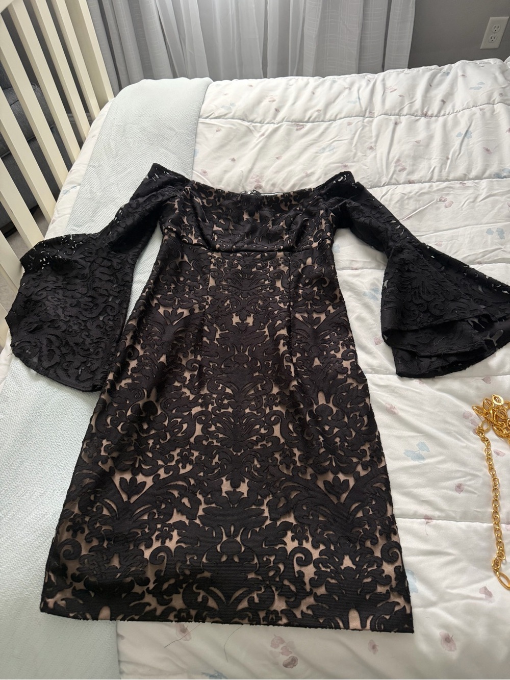 VENUS Black Lace Off-Shoulder Bell-Sleeve Dress with Nude Underlay